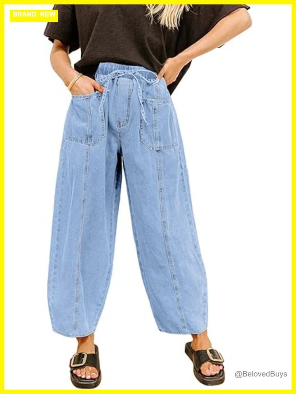 Baggy Wide Leg Jeans Elastic Waist Drawstring Front Seam Ankle High Waisted